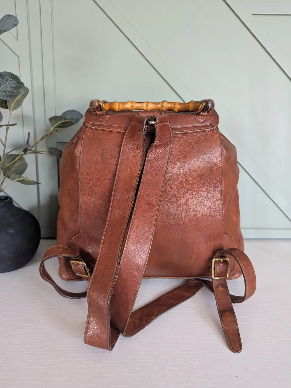 Gucci Cognac Leather Bamboo-Handle Backpack